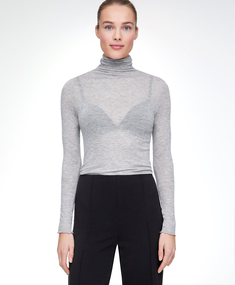 Grey Melange Oysho Extra-fine Long-sleeved T-shirt With High Neck | QEBM08391