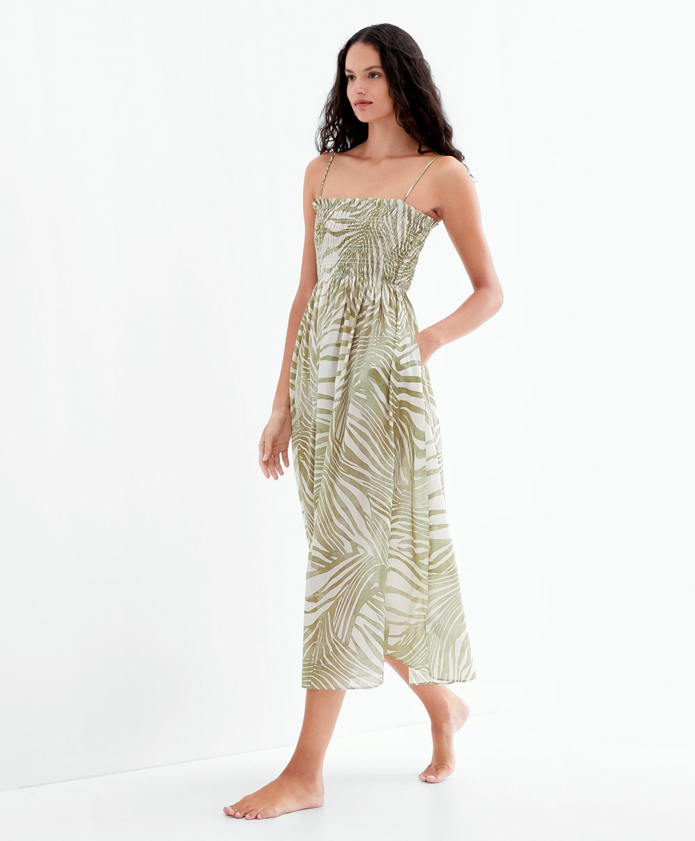 Khaki Oysho Printed 100% Cotton Strappy Midi Dress | ETAI87523