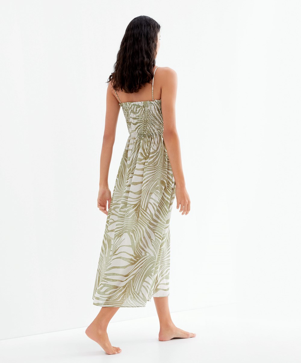 Khaki Oysho Printed 100% Cotton Strappy Midi Dress | ETAI87523