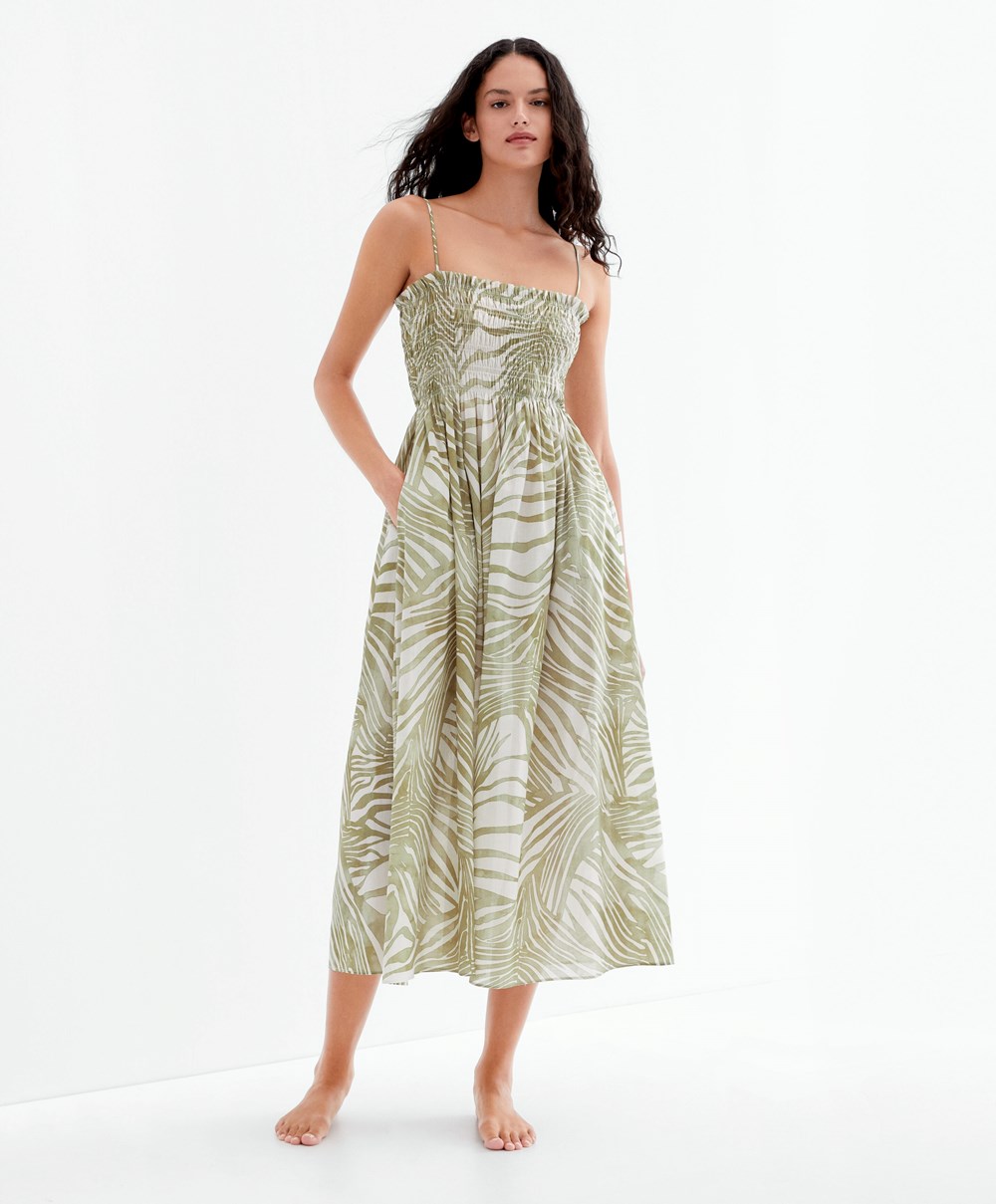 Khaki Oysho Printed 100% Cotton Strappy Midi Dress | ETAI87523