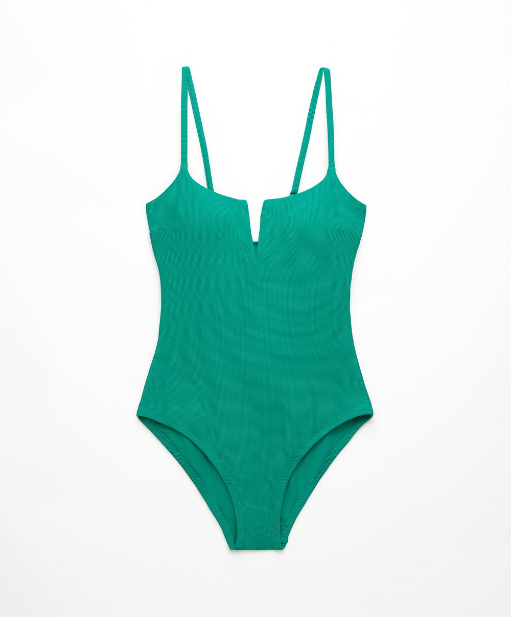 Light Turquoise Oysho Piqué V-neck Swimsuit | EURI56197