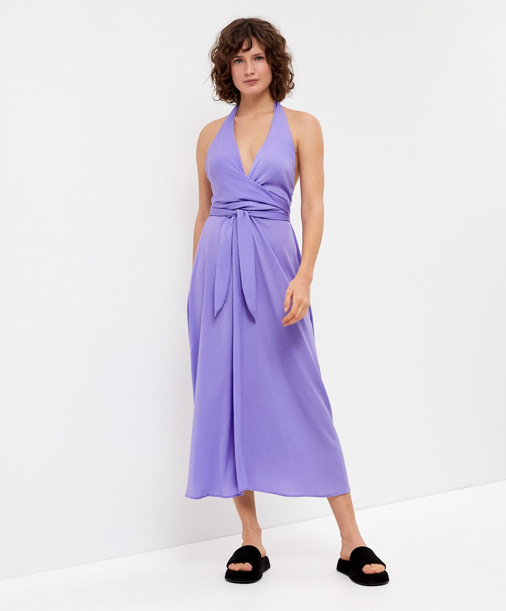 Lilac Oysho Satin Halterneck Long Dress | QGEO48703