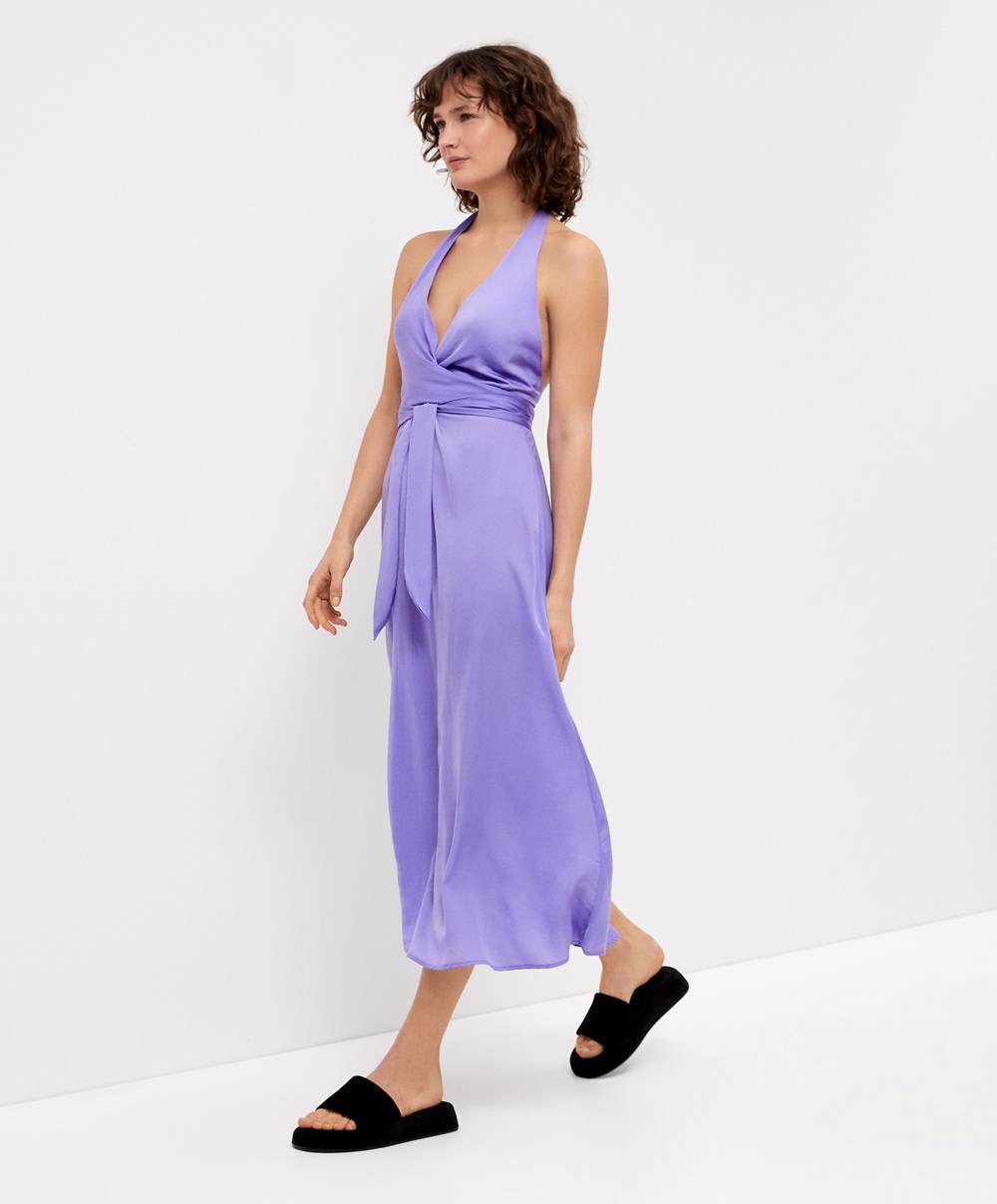 Lilac Oysho Satin Halterneck Long Dress | QGEO48703