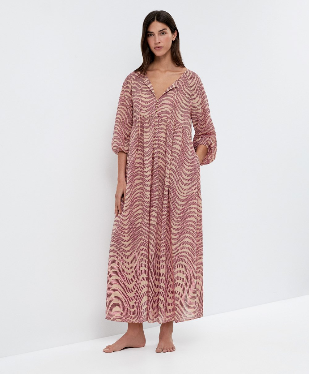 Maroon Oysho Printed 100% Cotton Tunic Dress | MDJQ42591