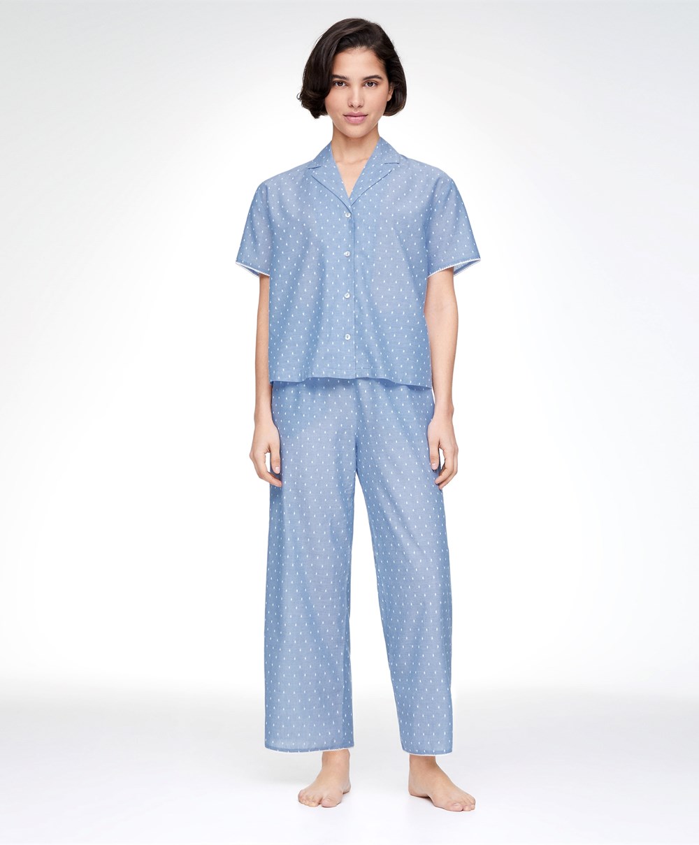 Mid-washed Blue Oysho 100% Cotton Plumeti Trousers | JQIE14289