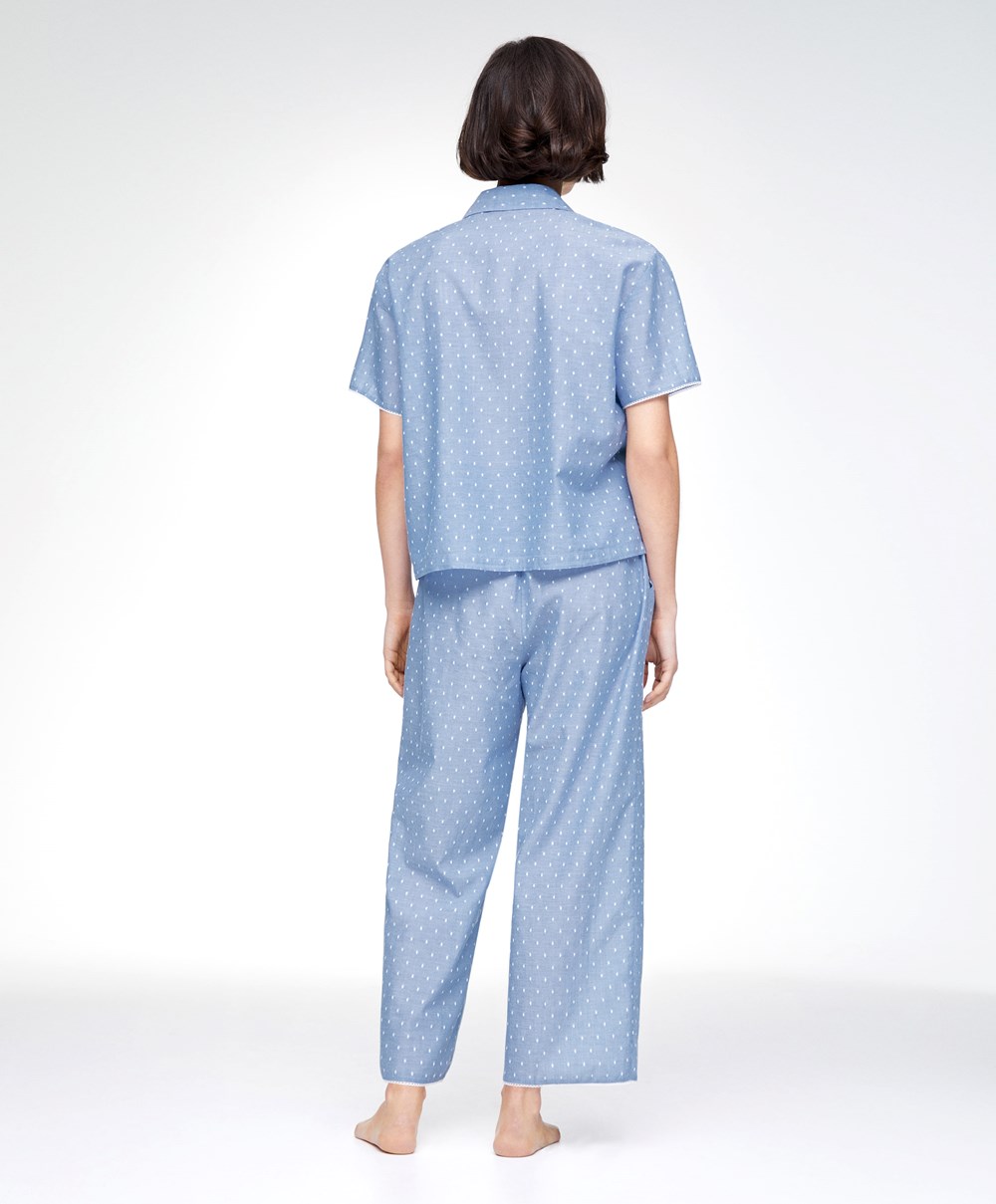 Mid-washed Blue Oysho 100% Cotton Plumeti Trousers | JQIE14289