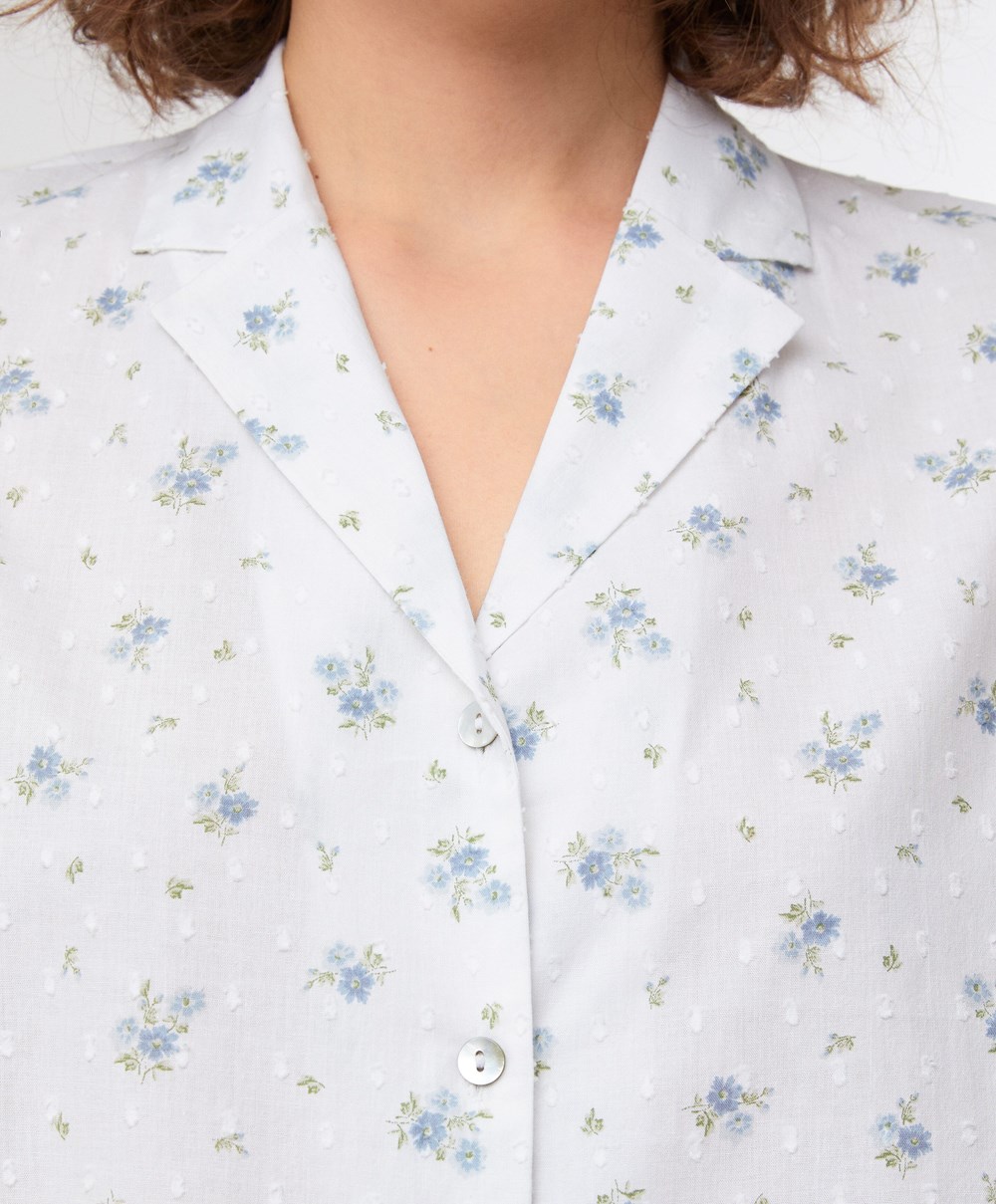 Mid-washed Blue Oysho Print 100% Cotton Plumeti Short-sleeved Shirt | JIEX41570