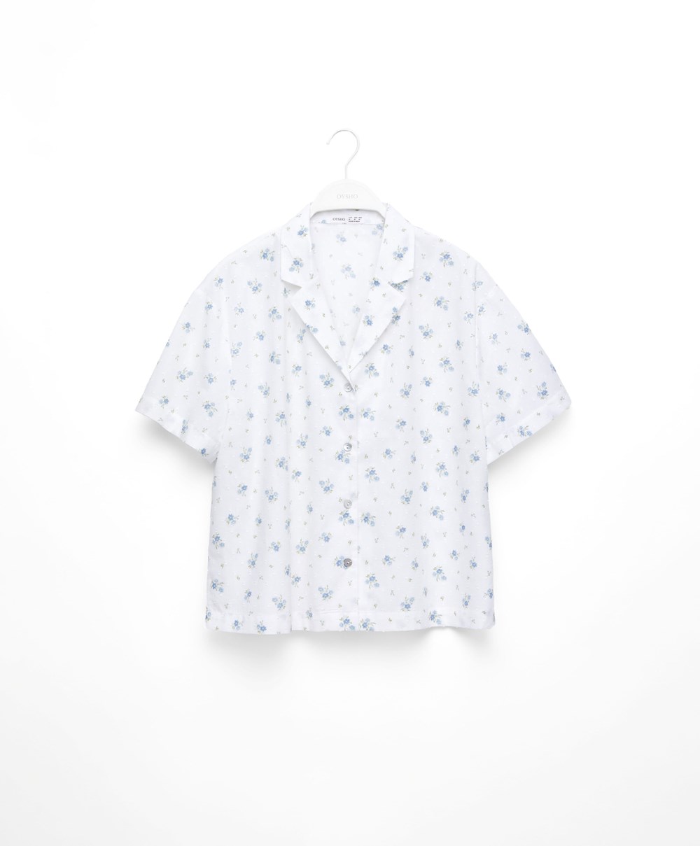 Mid-washed Blue Oysho Print 100% Cotton Plumeti Short-sleeved Shirt | JIEX41570