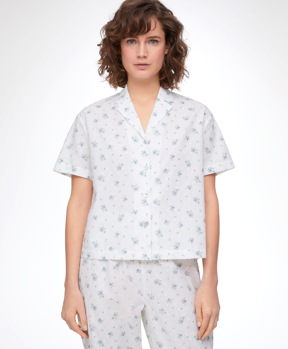 Mid-washed Blue Oysho Print 100% Cotton Plumeti Short-sleeved Shirt | JIEX41570