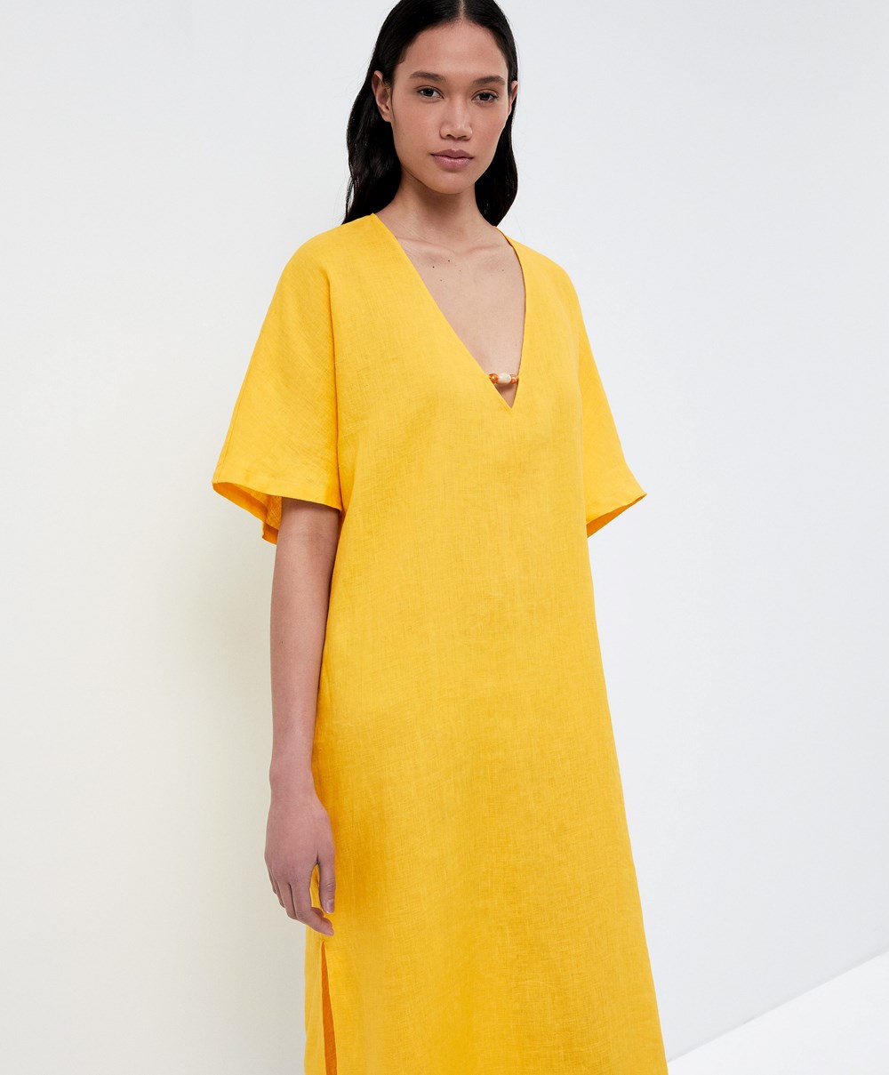 Mid-yellow Oysho 100% Linen Tunic Dress | UZOG27815