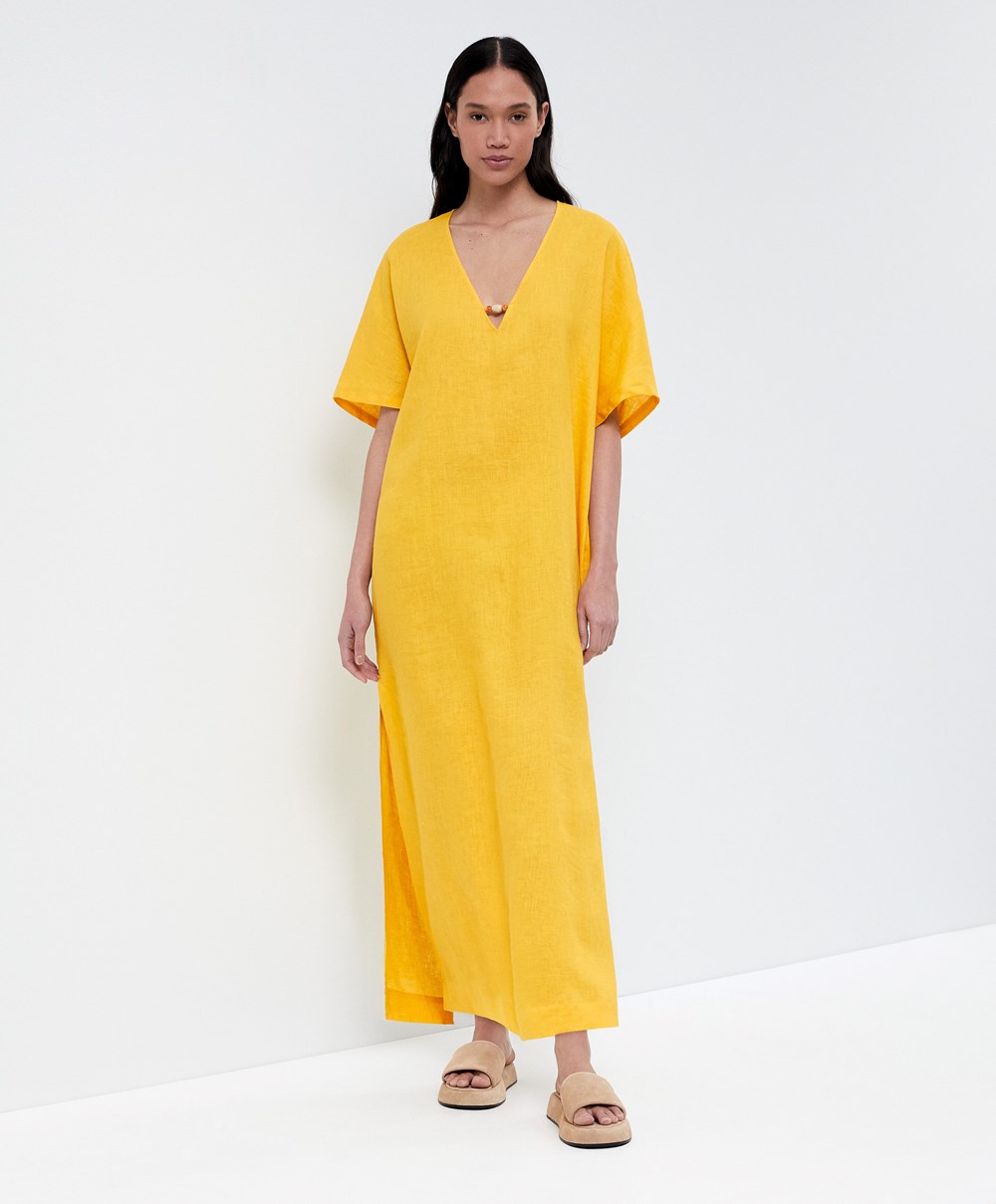 Mid-yellow Oysho 100% Linen Tunic Dress | UZOG27815