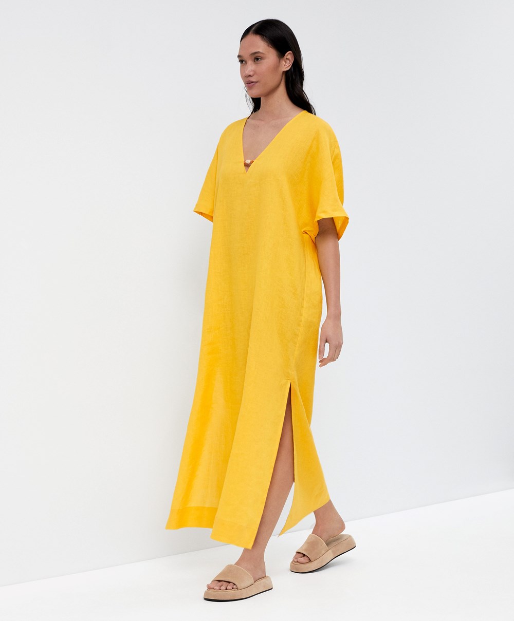 Mid-yellow Oysho 100% Linen Tunic Dress | UZOG27815