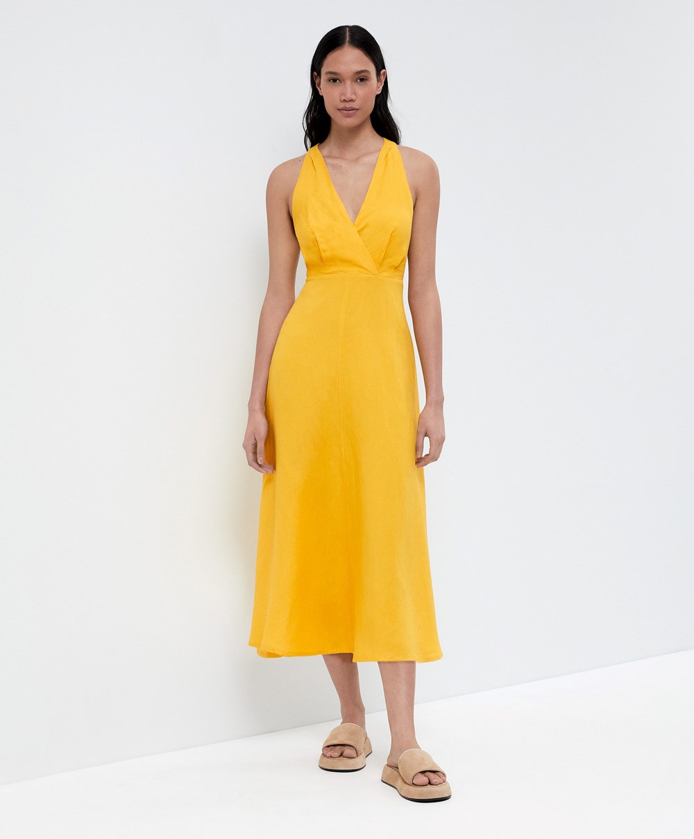 Mid-yellow Oysho Knot Back Linen Halterneck Dress | DVEL89561