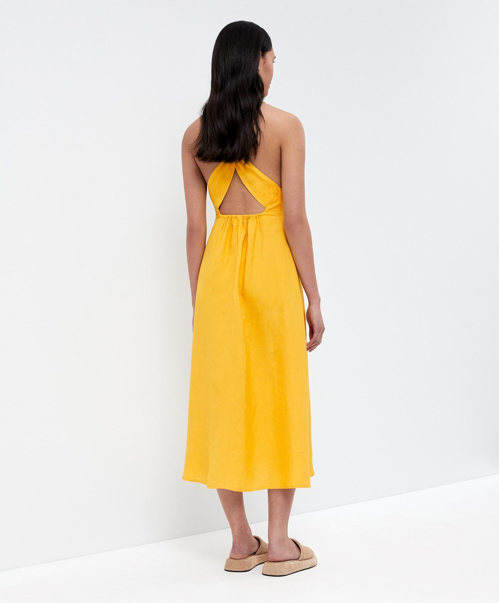 Mid-yellow Oysho Knot Back Linen Halterneck Dress | DVEL89561