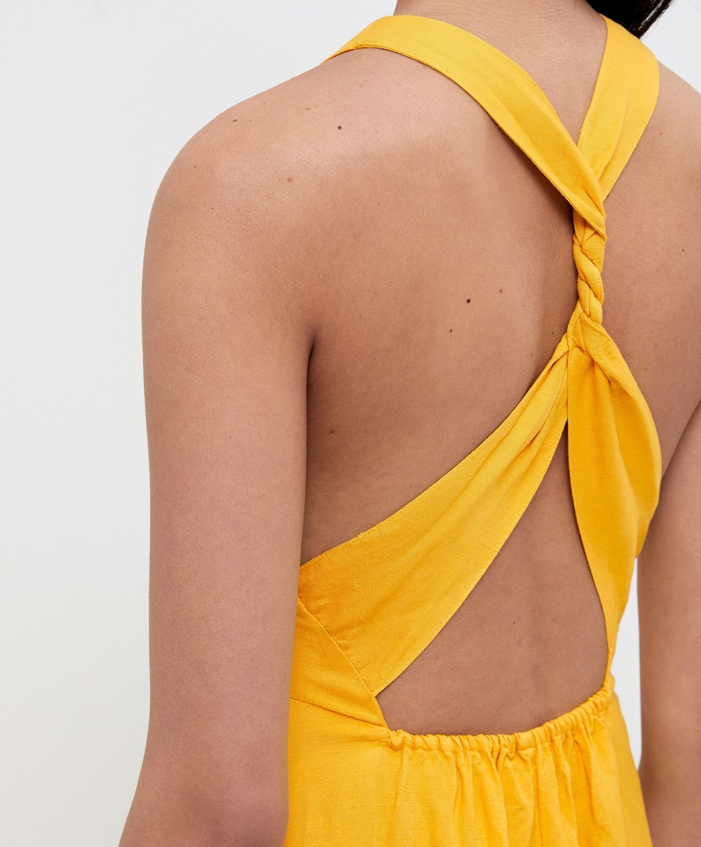 Mid-yellow Oysho Knot Back Linen Halterneck Dress | DVEL89561