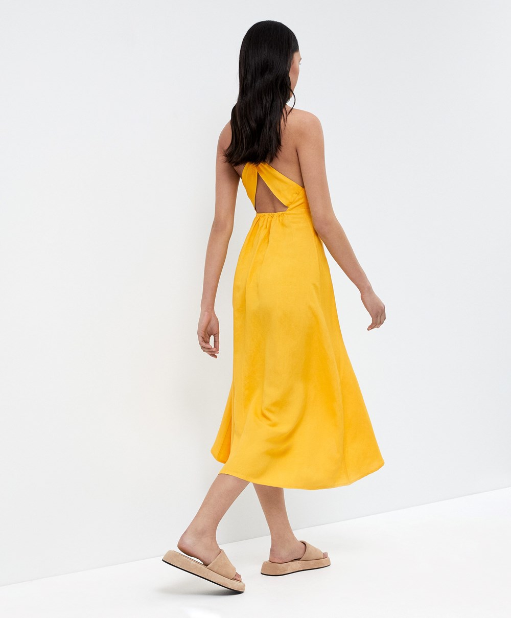 Mid-yellow Oysho Knot Back Linen Halterneck Dress | DVEL89561