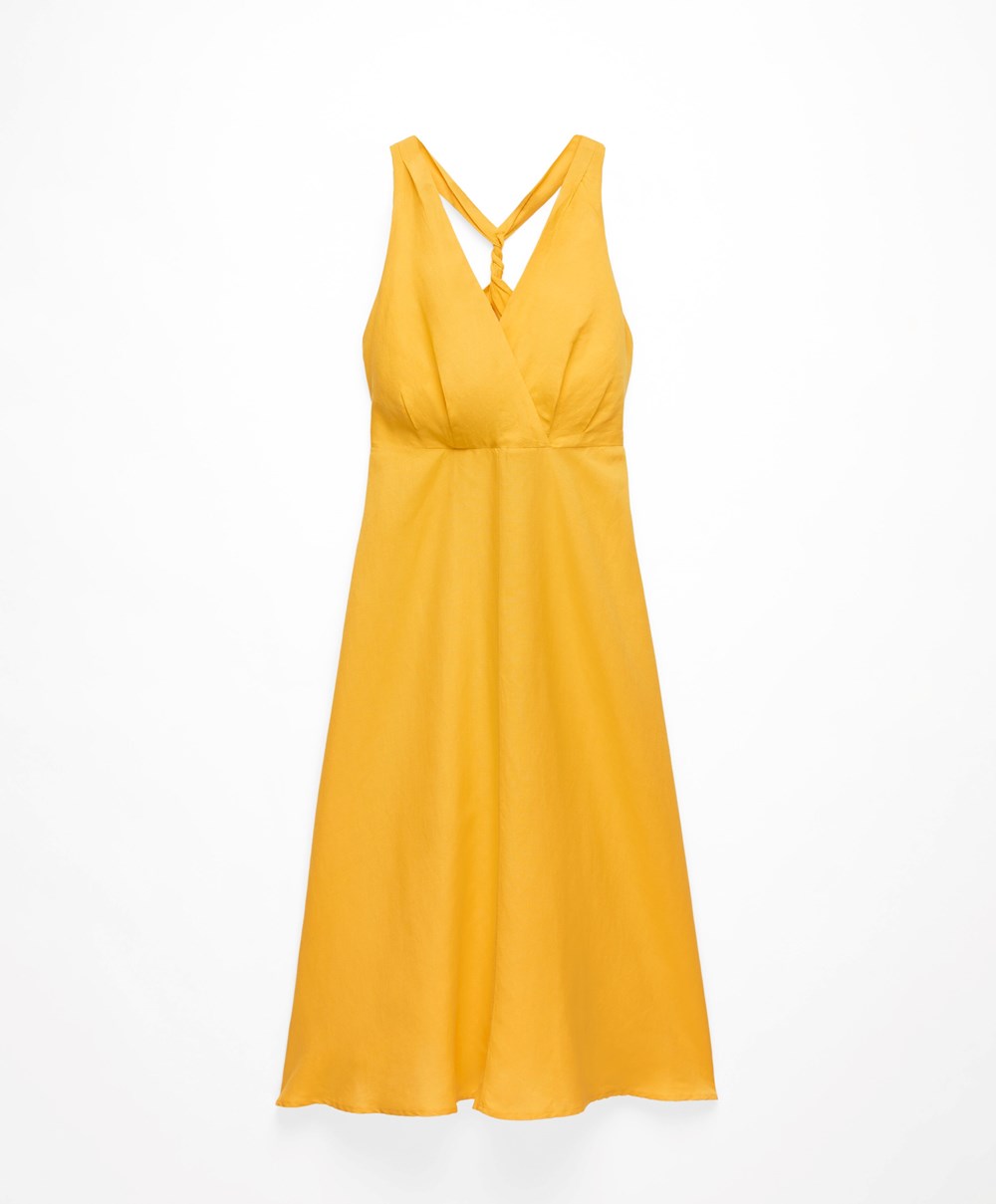 Mid-yellow Oysho Knot Back Linen Halterneck Dress | DVEL89561