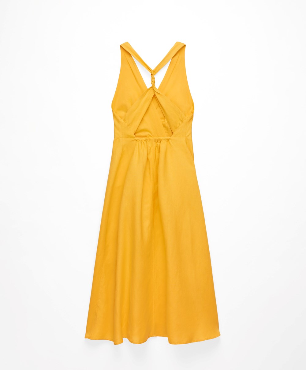 Mid-yellow Oysho Knot Back Linen Halterneck Dress | DVEL89561