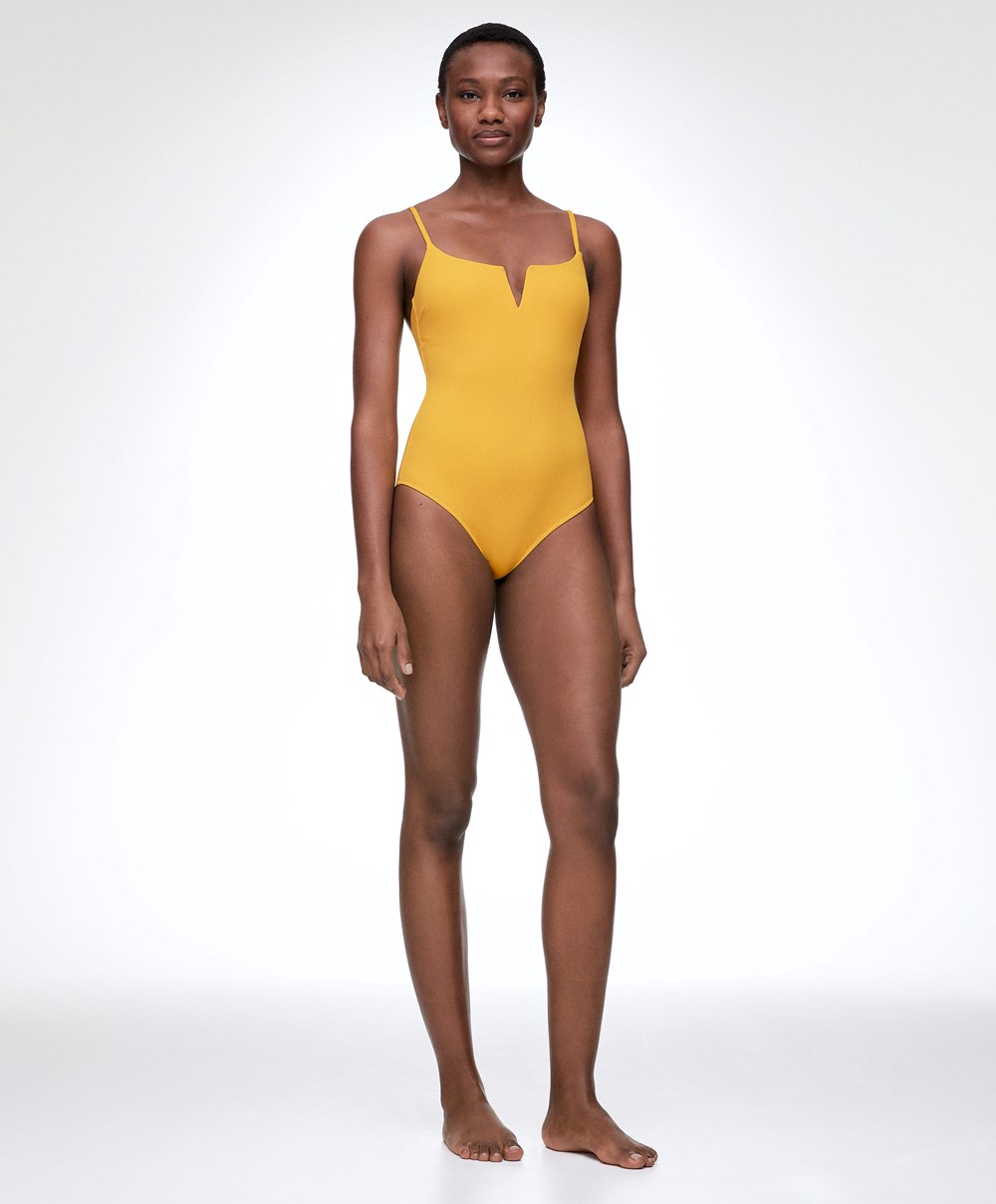 Mid-yellow Oysho Piqué V-neck Swimsuit | HDKA08271