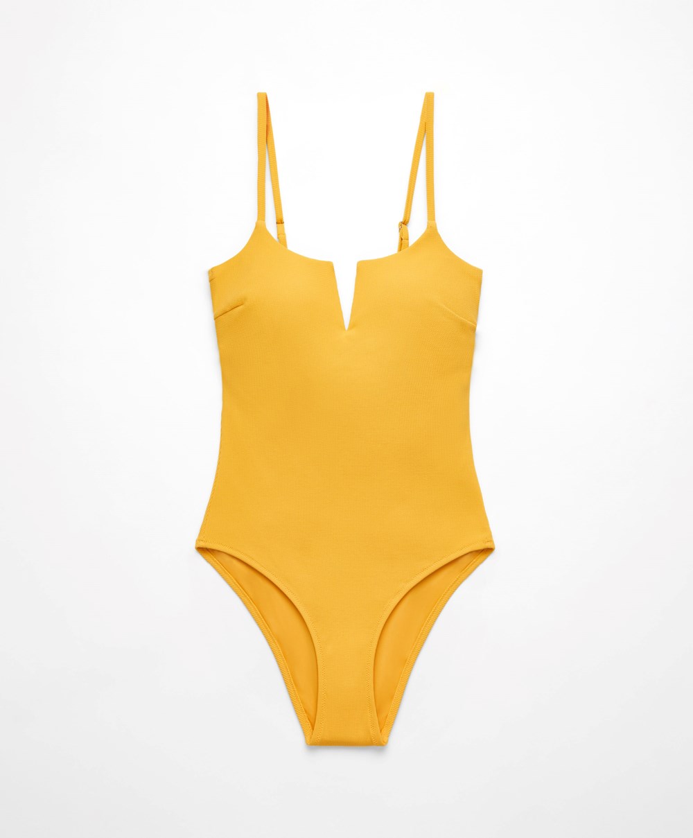 Mid-yellow Oysho Piqué V-neck Swimsuit | HDKA08271