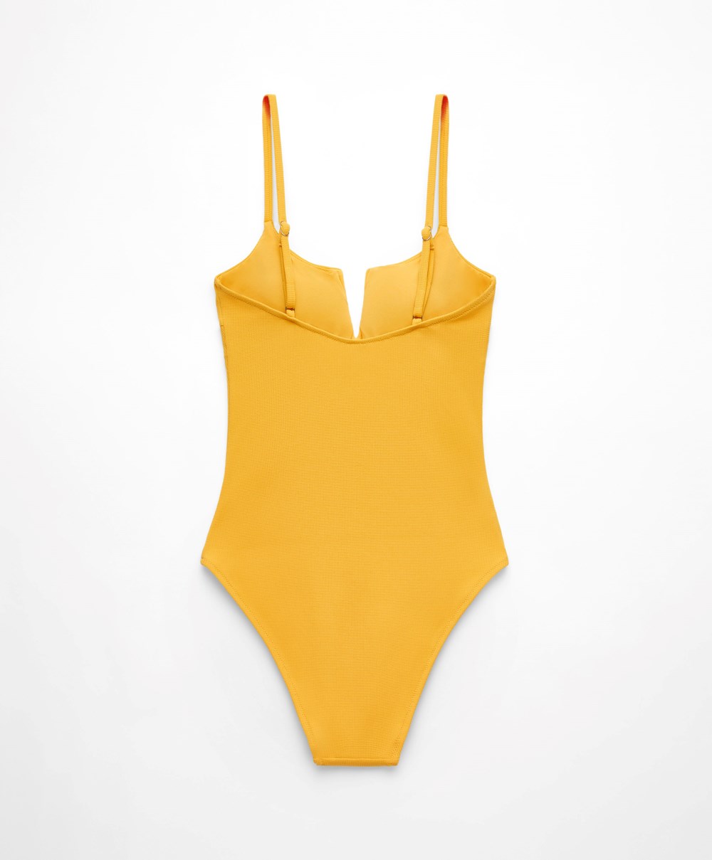 Mid-yellow Oysho Piqué V-neck Swimsuit | HDKA08271