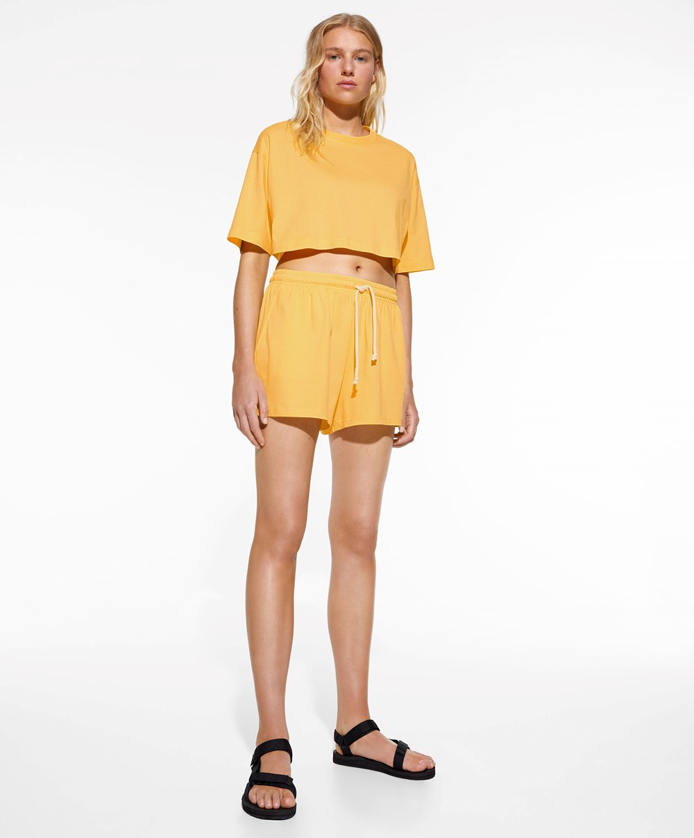 Mid-yellow Oysho Washed 100% Cotton Crop T-shirt | RWVM78259