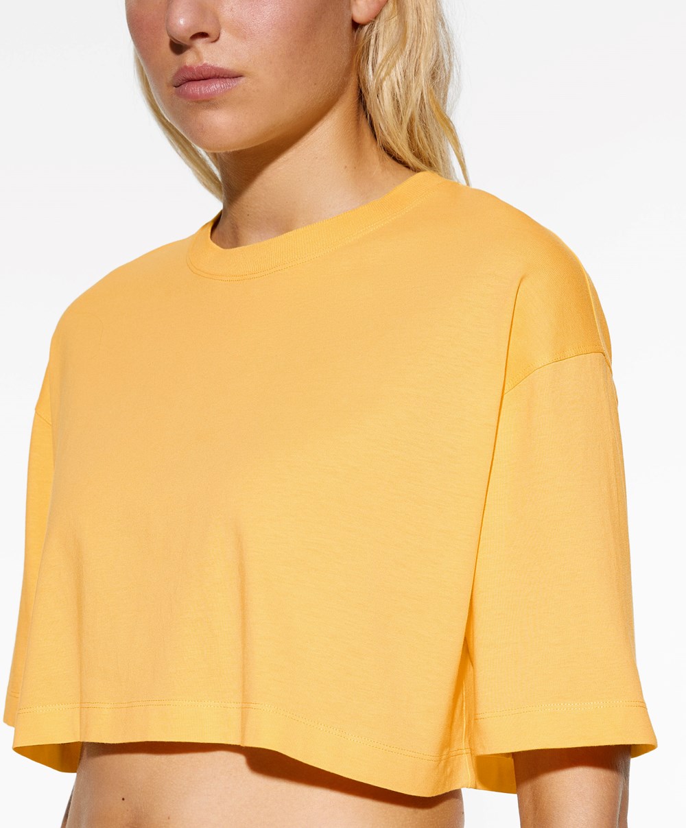 Mid-yellow Oysho Washed 100% Cotton Crop T-shirt | UTAP93562