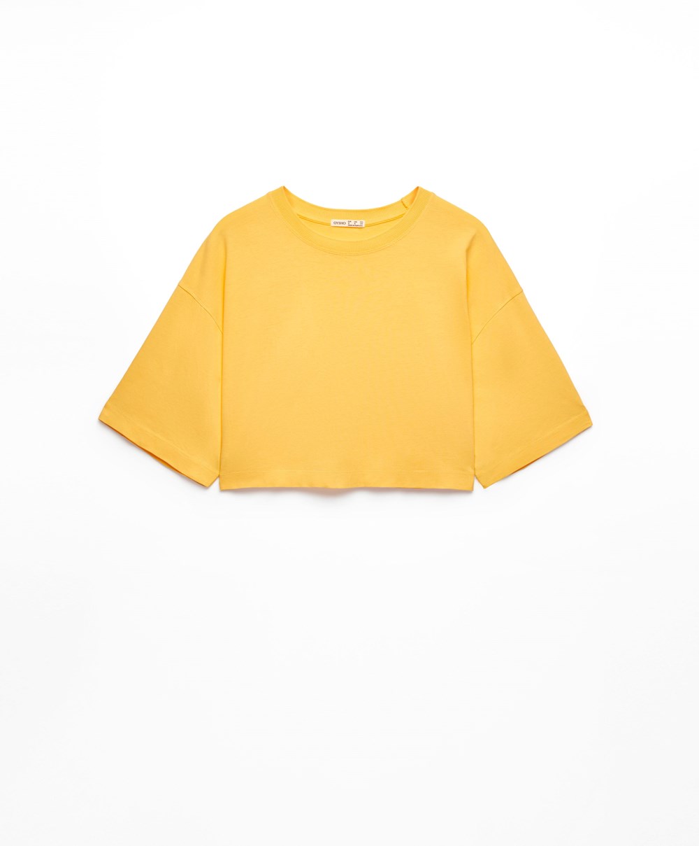 Mid-yellow Oysho Washed 100% Cotton Crop T-shirt | UTAP93562