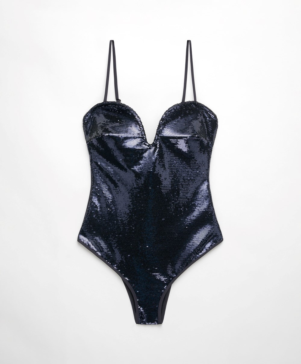 Midnight Blue Oysho Sweetheart Neckline Sequin Swimsuit | LXDP02764