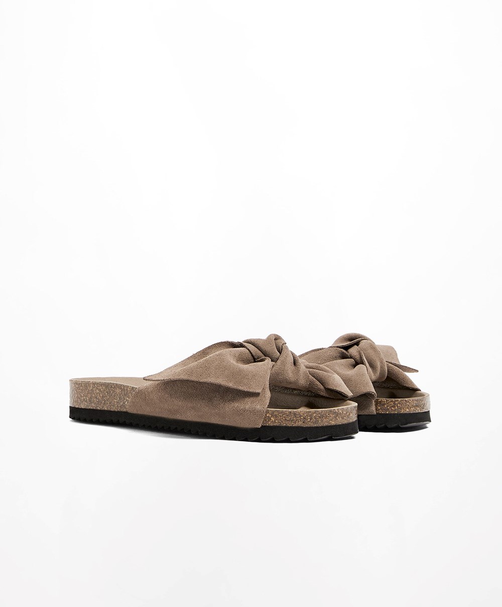 Mink Oysho Leather Bow Sandals | OJPE30746