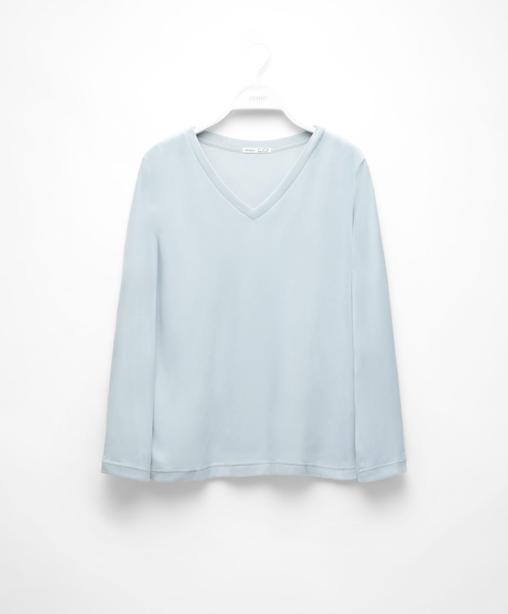 Misty Blue Oysho Velour Long-sleeved T-shirt | JHGT27194