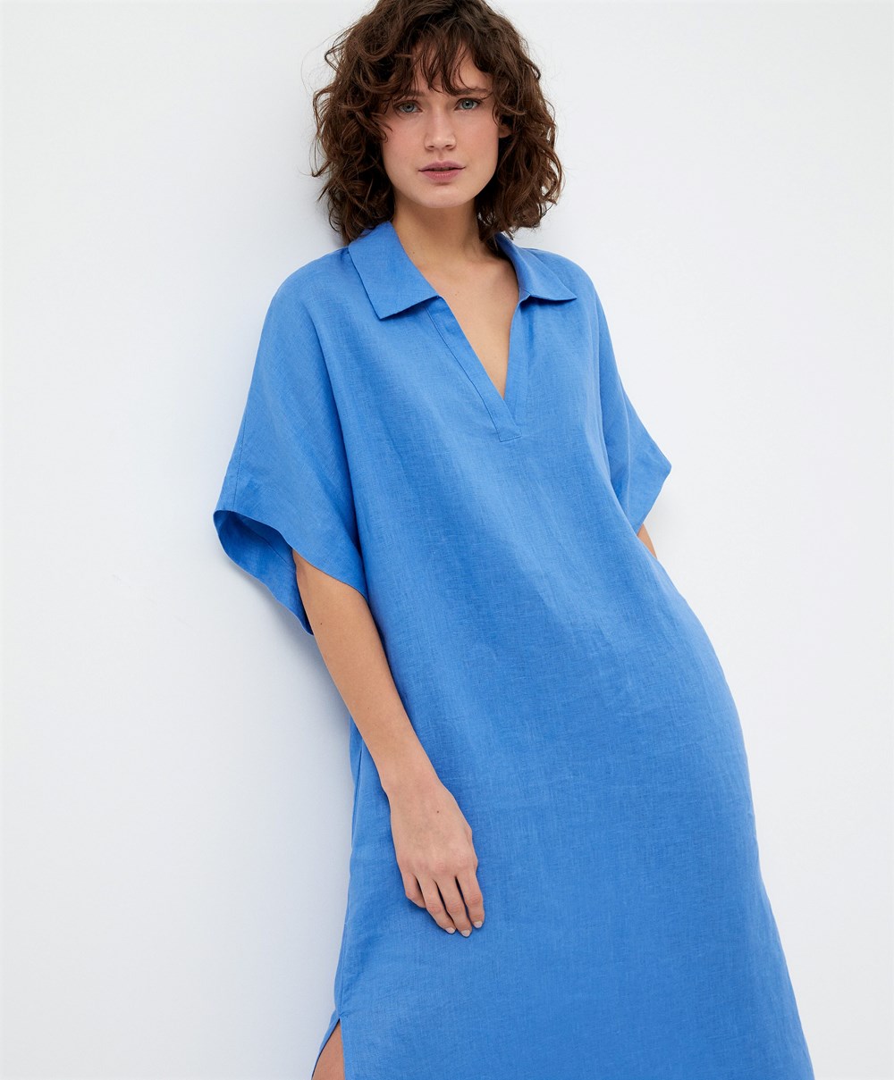 Mosaic Blue Oysho 100% Linen Polo Collar Tunic Dress | ARBZ85617