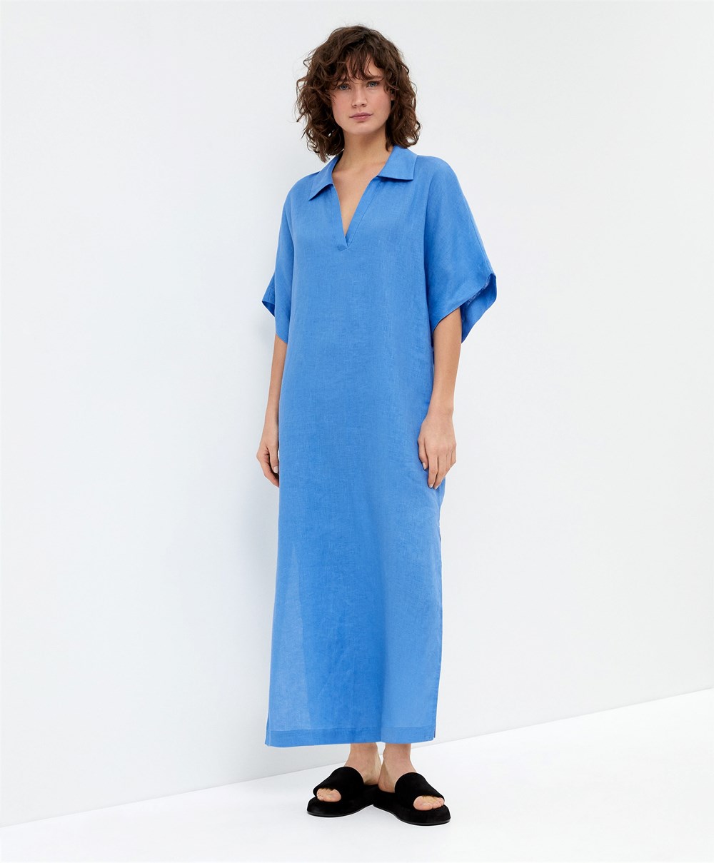 Mosaic Blue Oysho 100% Linen Polo Collar Tunic Dress | ARBZ85617