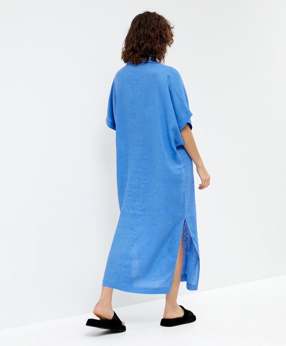 Mosaic Blue Oysho 100% Linen Polo Collar Tunic Dress | ARBZ85617