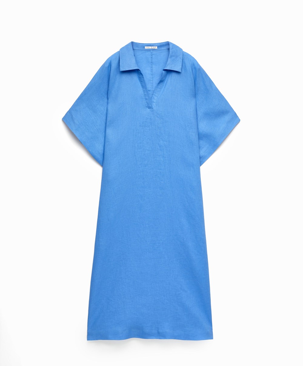 Mosaic Blue Oysho 100% Linen Polo Collar Tunic Dress | ARBZ85617