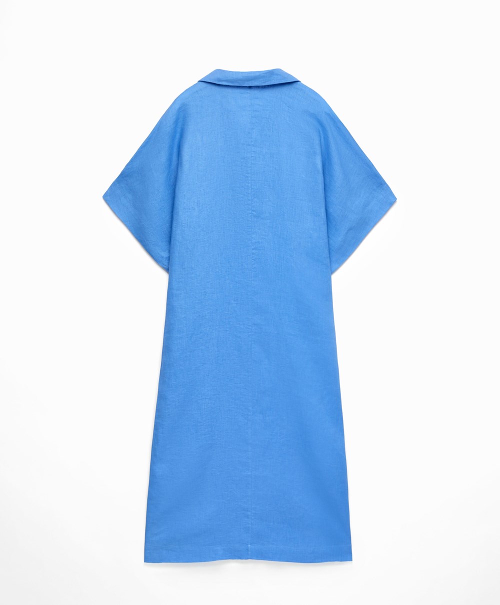 Mosaic Blue Oysho 100% Linen Polo Collar Tunic Dress | ARBZ85617