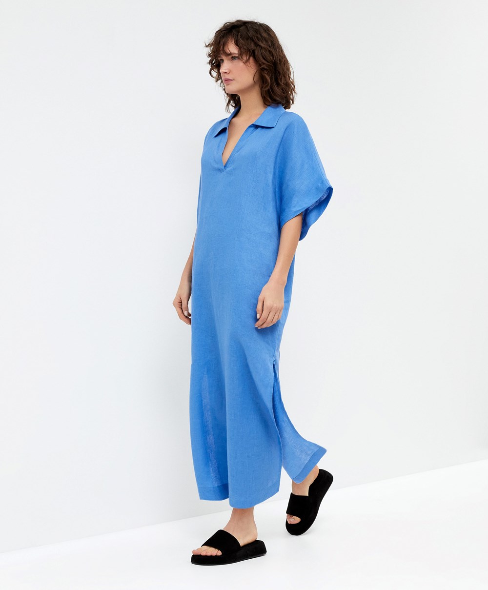 Mosaic Blue Oysho 100% Linen Polo Collar Tunic Dress | ARBZ85617