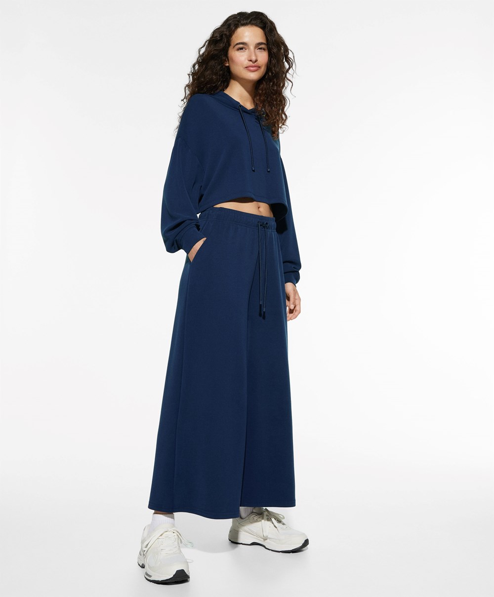 Navy Blue Oysho Soft-touch Modal Cropped Wide-leg Trousers | IASD40153