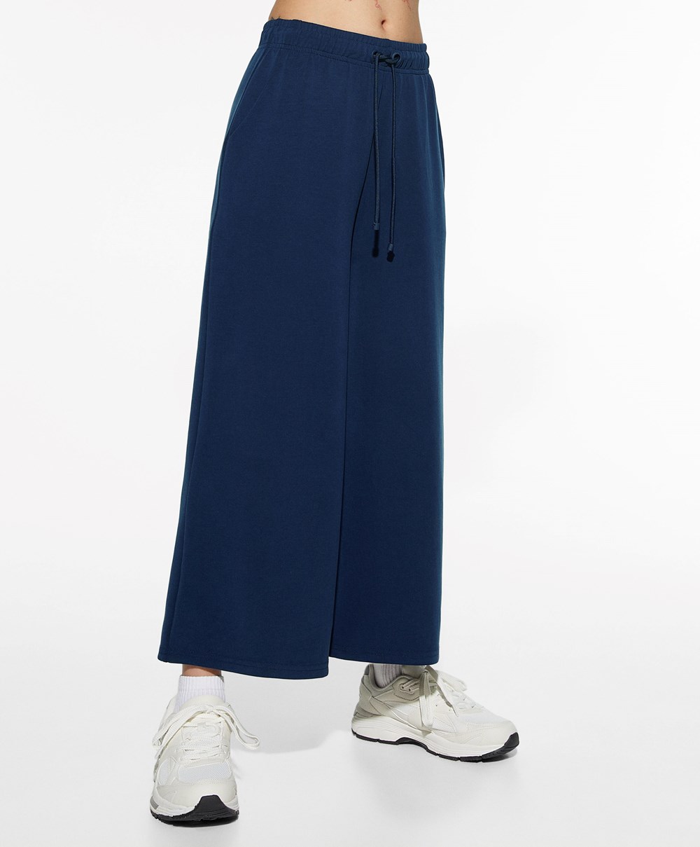 Navy Blue Oysho Soft-touch Modal Cropped Wide-leg Trousers | IASD40153