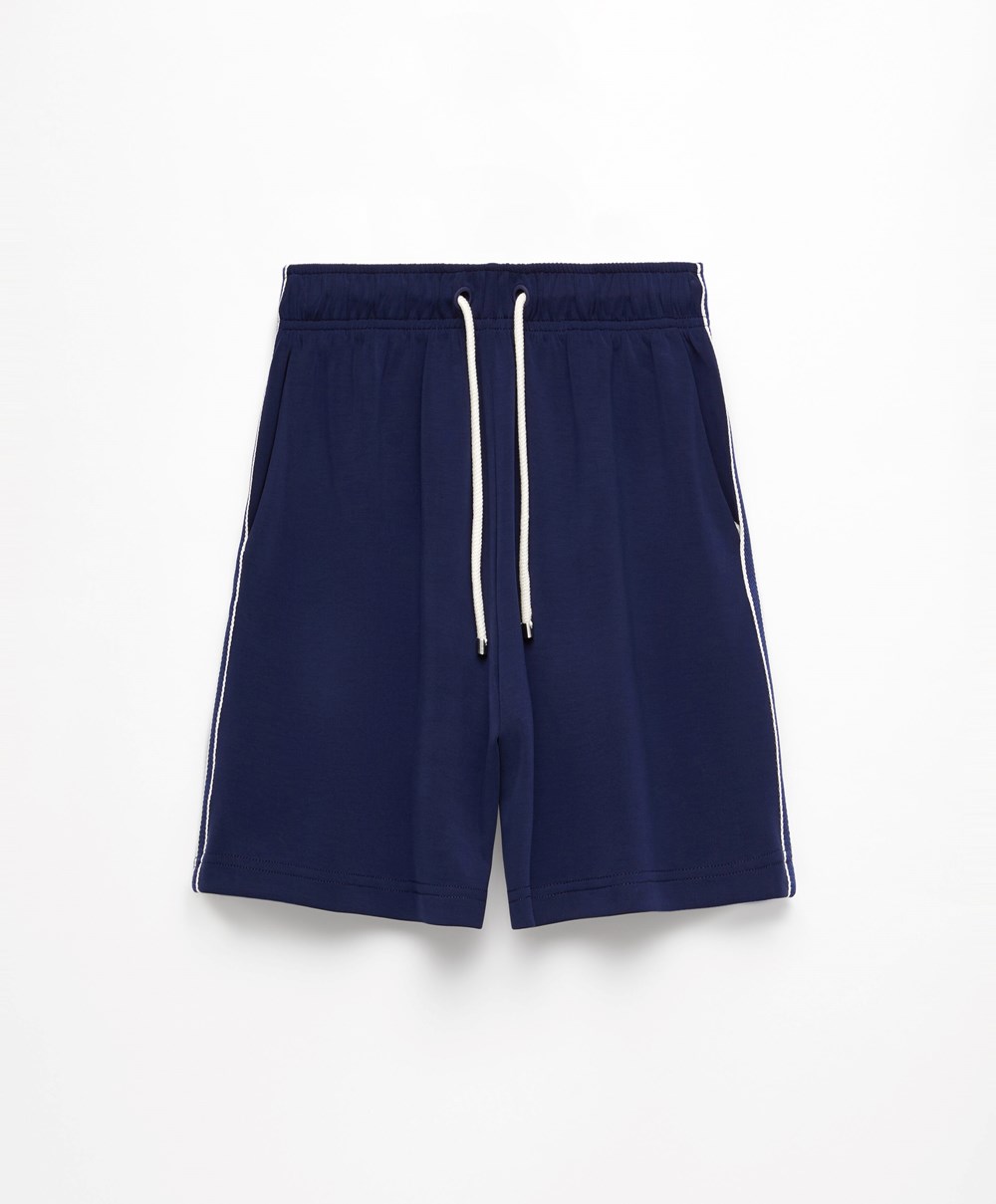 Navy Blue Oysho Striped Soft Touch Modal Bermuda Shorts | WGRU14538