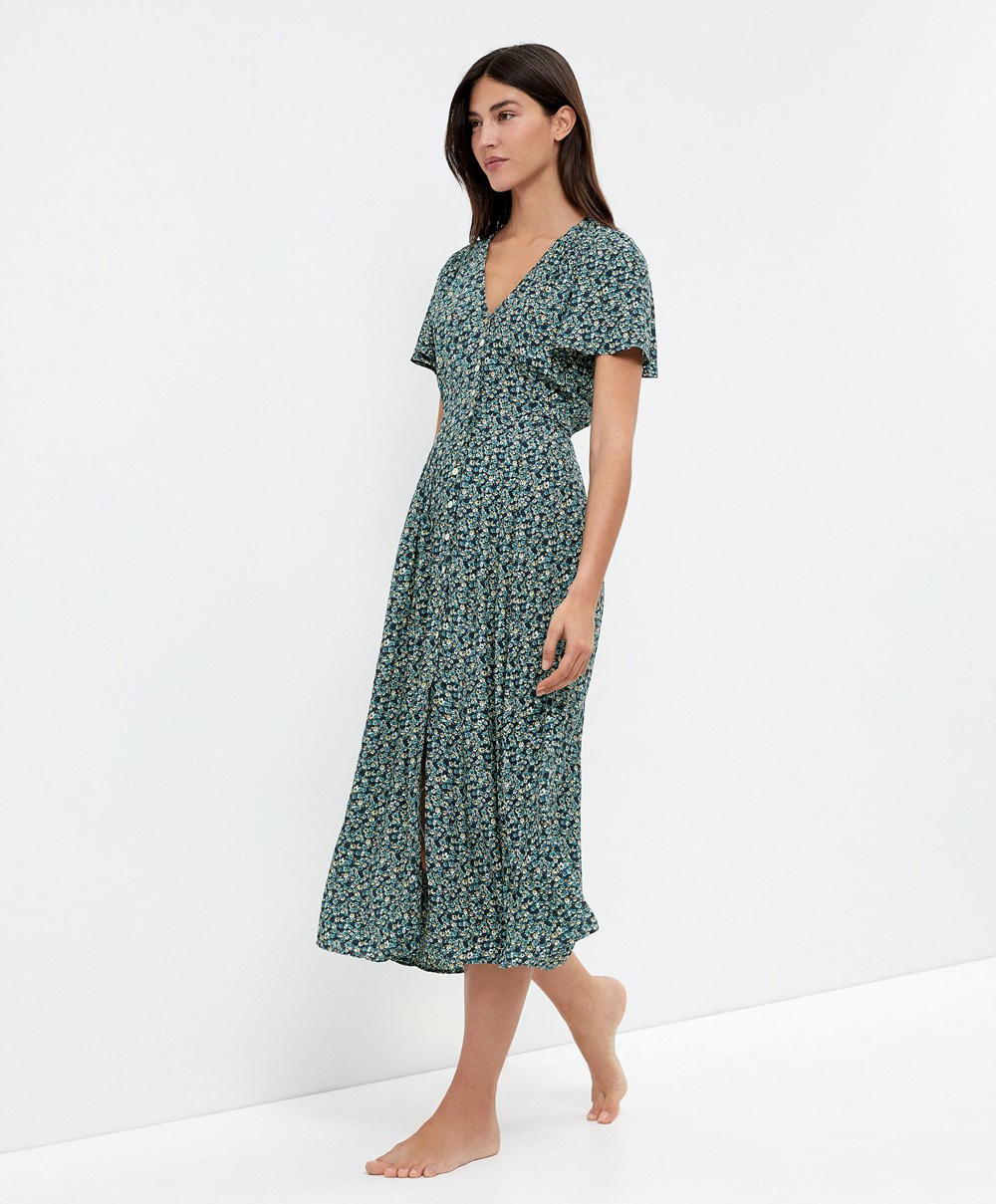 Navy Oysho Long Floral Dress | FJXO70195