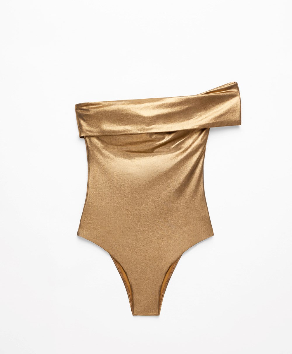 Old Gold Oysho Asymmetrical Bandeau Swimsuit | KDHL09416