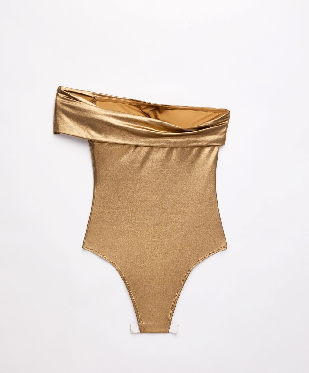 Old Gold Oysho Asymmetrical Bandeau Swimsuit | KDHL09416