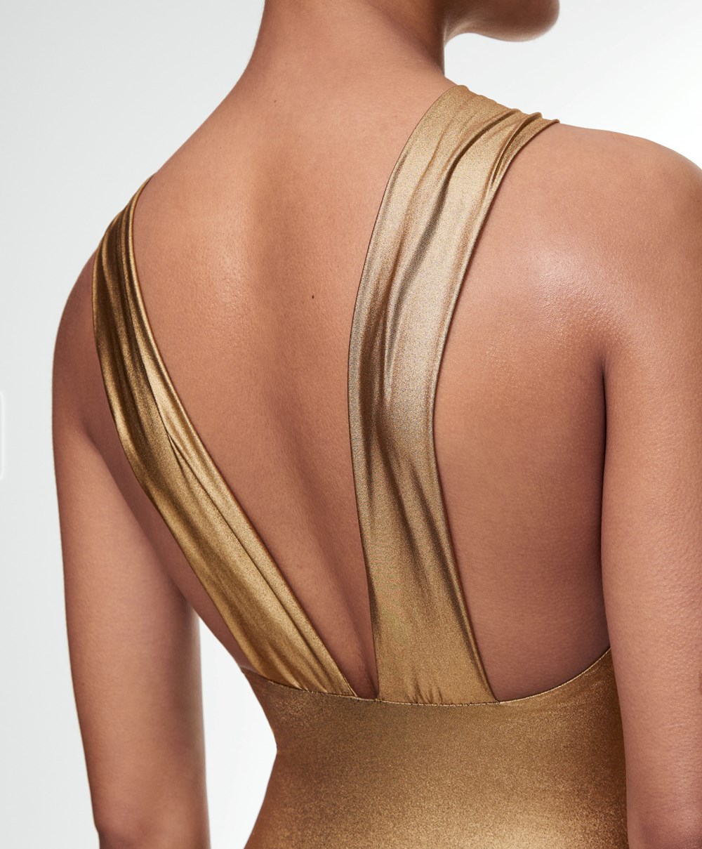 Old Gold Oysho Draped Halter Swimsuit | FANC72854