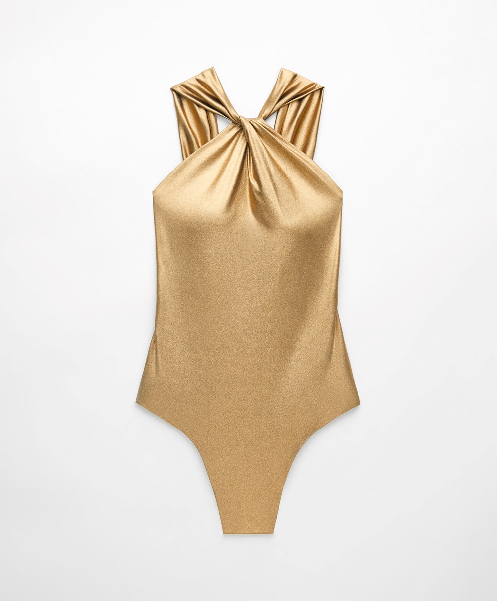 Old Gold Oysho Draped Halter Swimsuit | FANC72854