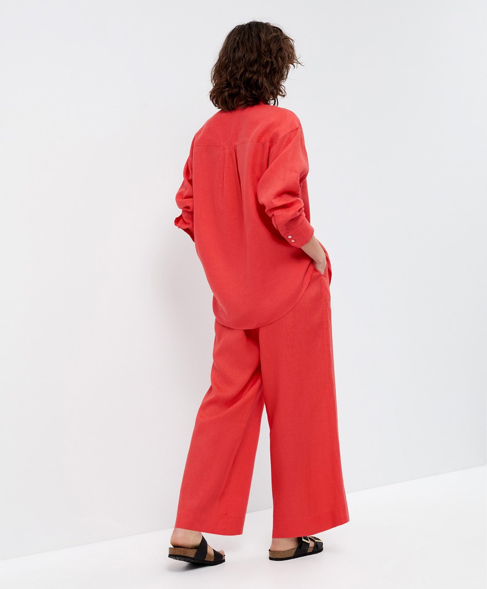 Orange Oysho 100% Linen Wide-leg Trousers | CTDU25183