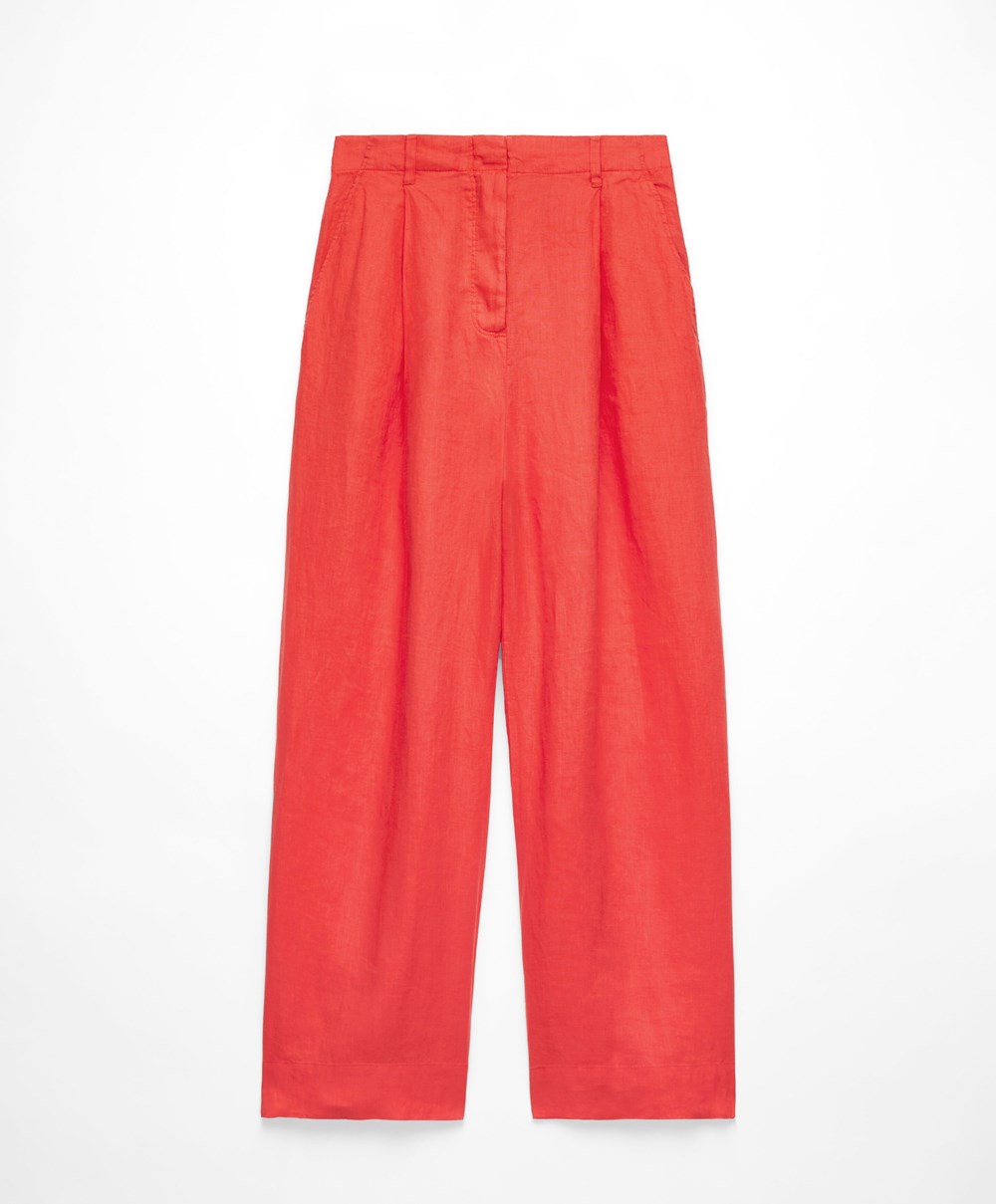 Orange Oysho 100% Linen Wide-leg Trousers | CTDU25183