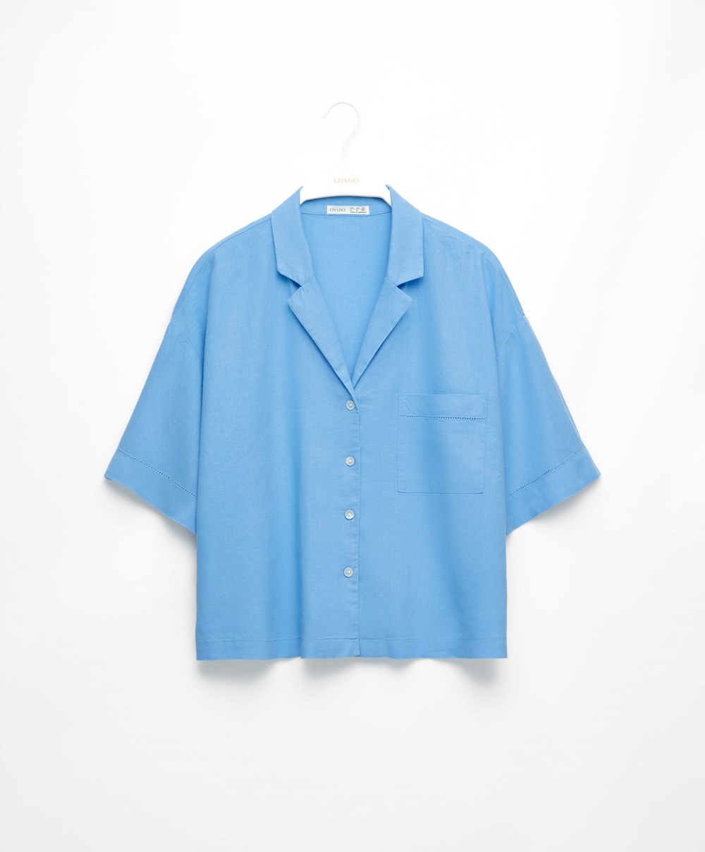 Pale Blue Oysho Linen Short-sleeved Shirt | KRIX65279