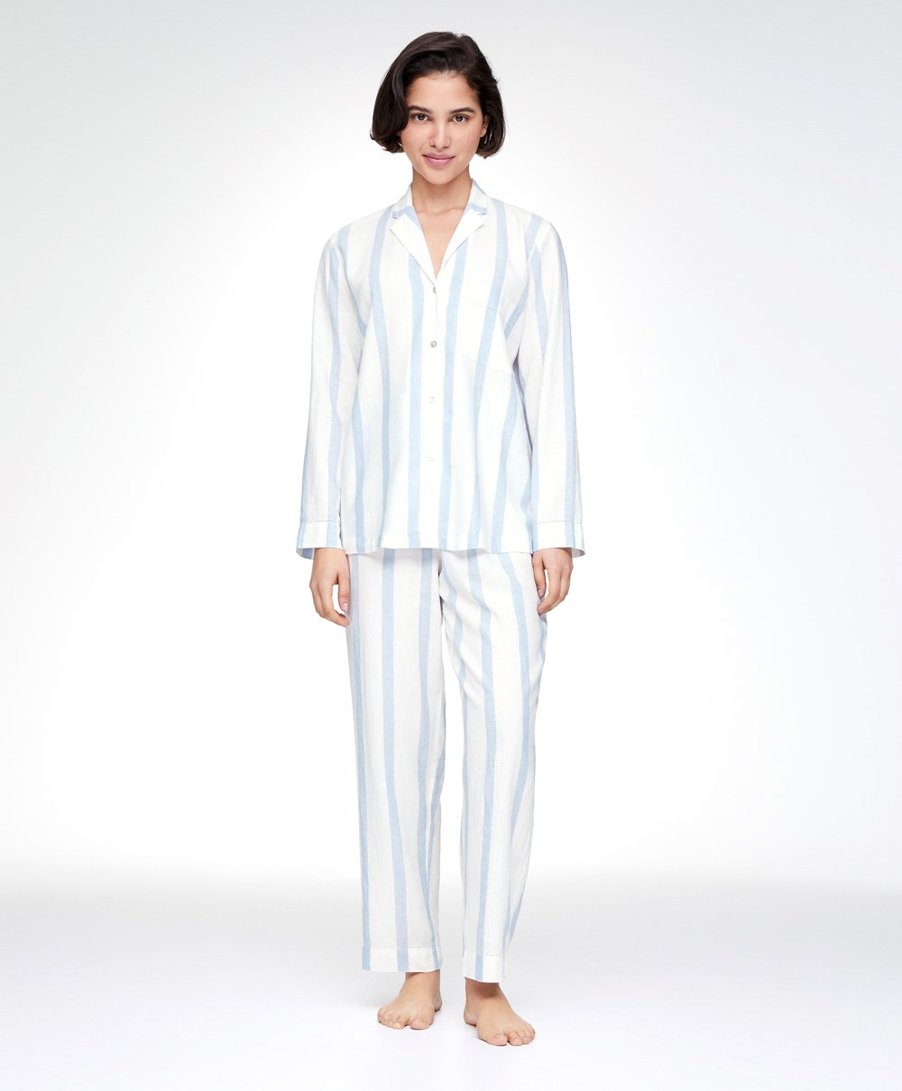 Pale Ecru Oysho Linen Stripe Trousers | BDEG79406