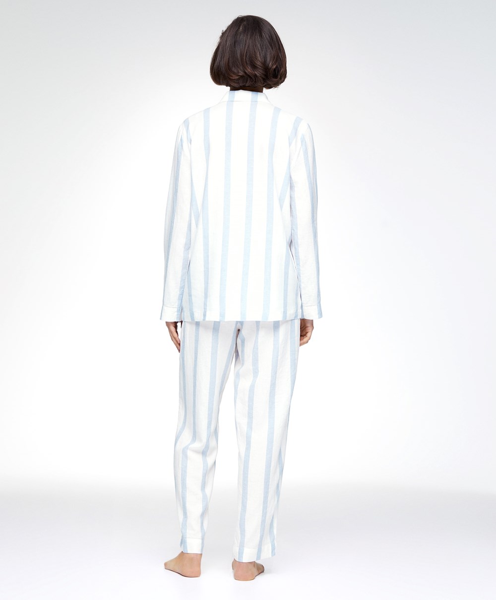 Pale Ecru Oysho Linen Stripe Trousers | BDEG79406